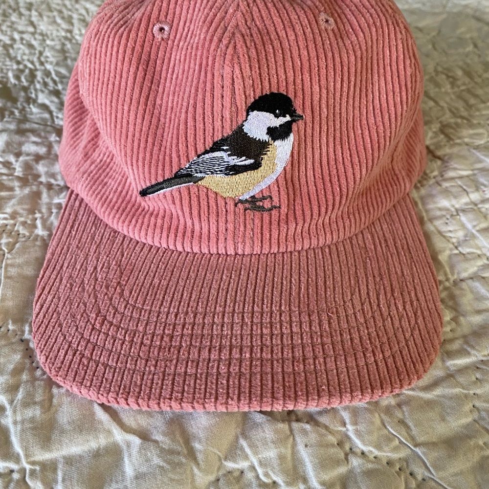 Pink Corduroy Flat Bill Cap with Embroidered Chickadee